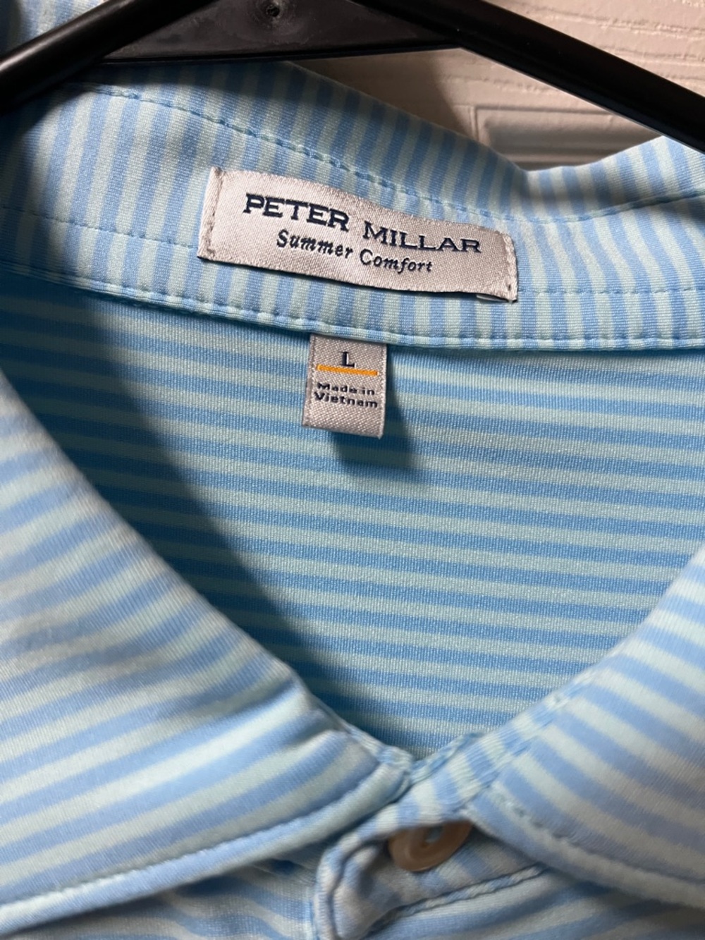 Peter Millar Sky Blue White Pinstripe Polo with Anniversary Patch. Large - Picture 7 of 7